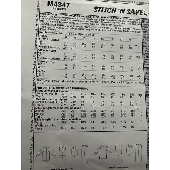 McCalls pattern 4347 tank top vest shacket elastic waist pants - Picture 4 of 5